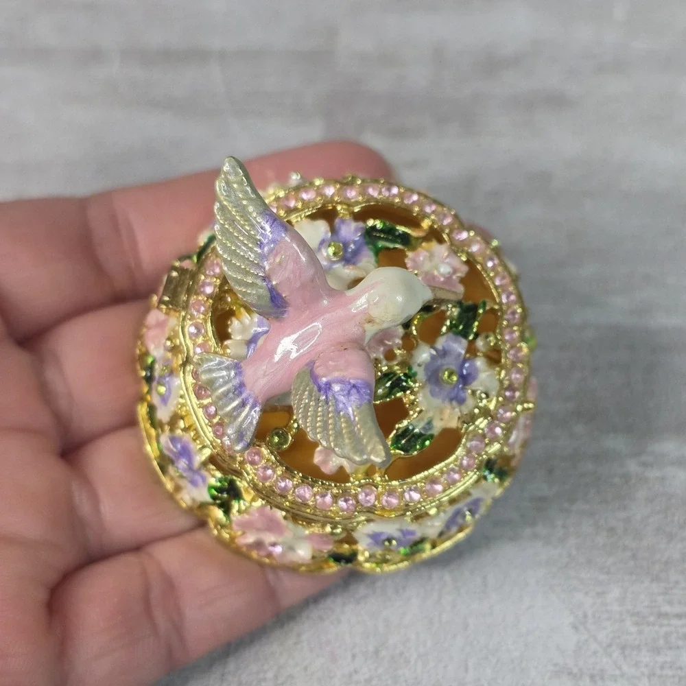 Enameled Trinket Box Hummingbird Floral Rhinestone Gold Tone Jewelry Keepsake